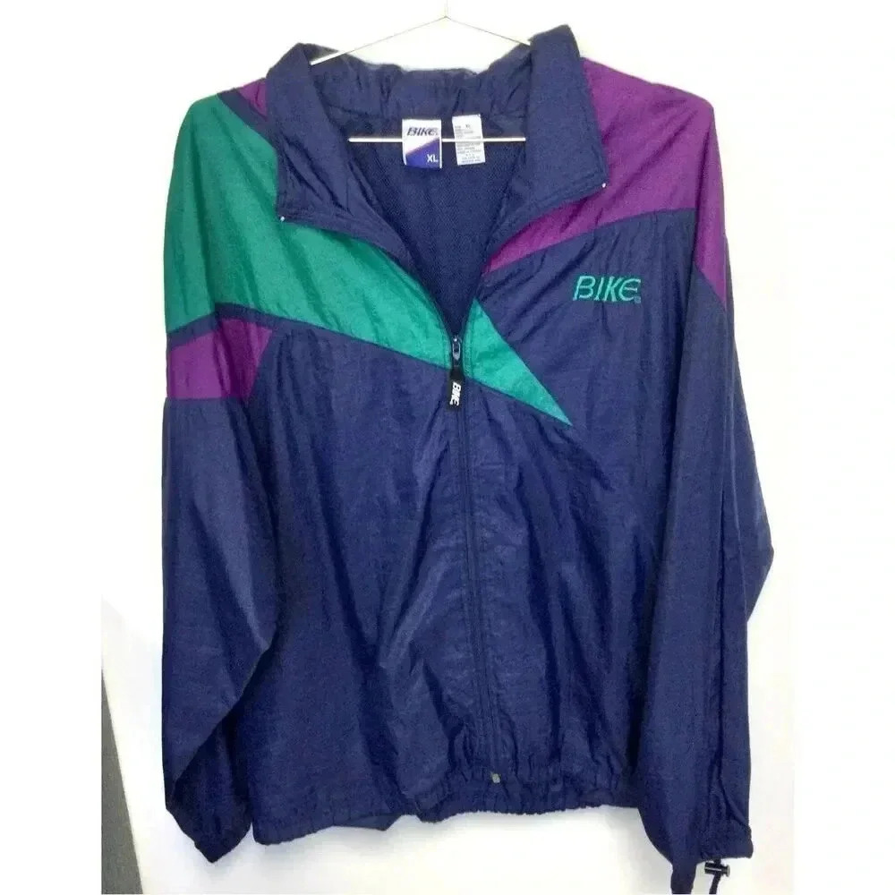 Vintage Bike Mens Multicolor Colorblock Hooded Full Zip packable hood Windbreake